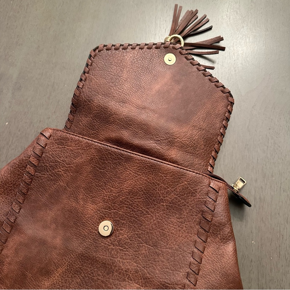 ALYSSA Faux Vegan Leather Whipstitch Brown Backpack New - Picture 5 of 13